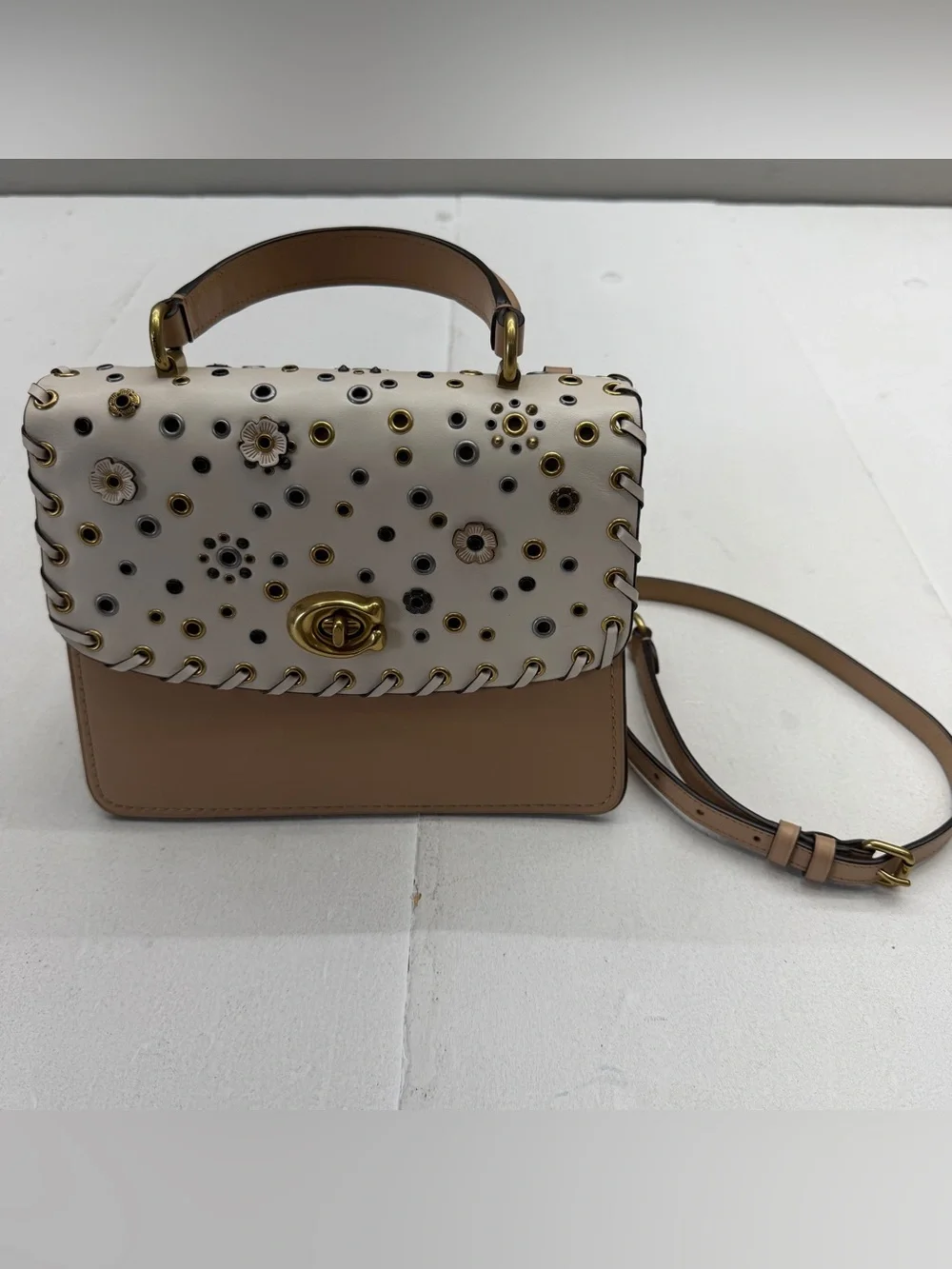 Coach Parker Top Handle Cream and Tan Crossbody With Scattered Rivets 69444